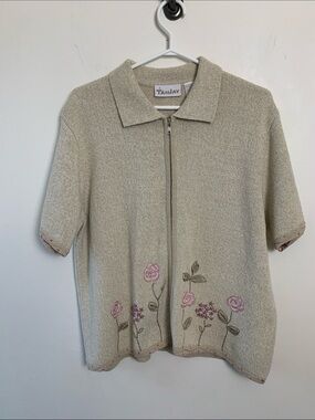 TanJay Vintage Oatmeal Zip-Front Knit Polo with Pink Floral Embroidery